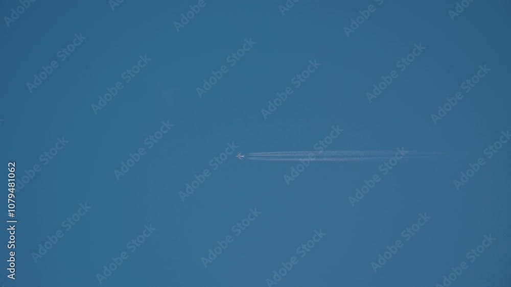 Serene blue sky dominates the scene, complemented by faint contrail left behind by an airplane high above. This creates striking contrast, symbolizing beauty of travel and vastness of our atmosphere Serene blue sky dominates the scene, complemented by faint contrail left behind by an airplane high above. This creates striking contrast, symbolizing beauty of travel and vastness of our atmosphere