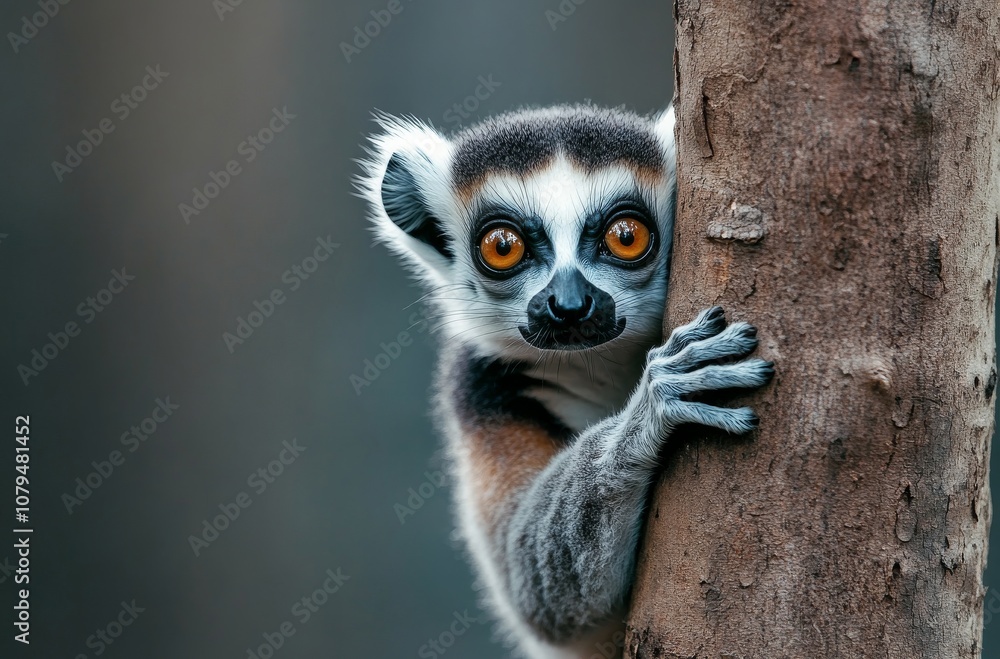 Curious lemur peeks around a tree trunk in a vibrant natural setting Curious lemur peeks around a tree trunk in a vibrant natural setting