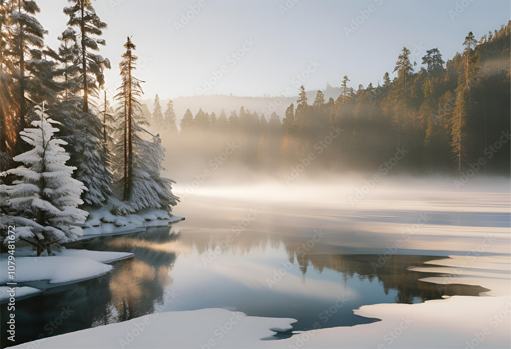 Fototapeta premium Ice-Covered Lake and Snowy Pines, 4K