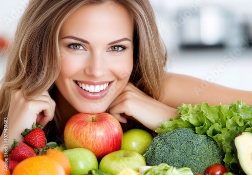 Fototapeta Naklejka Na Ścianę i Meble -  Healthy woman smiling and enjoying fresh fruits and vegetables for a vibrant lifestyle