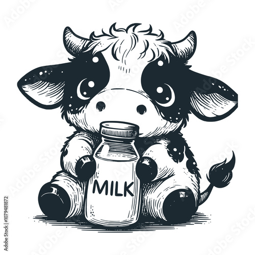 cow with bangs holding a milk bottle. Black white vector illustration.