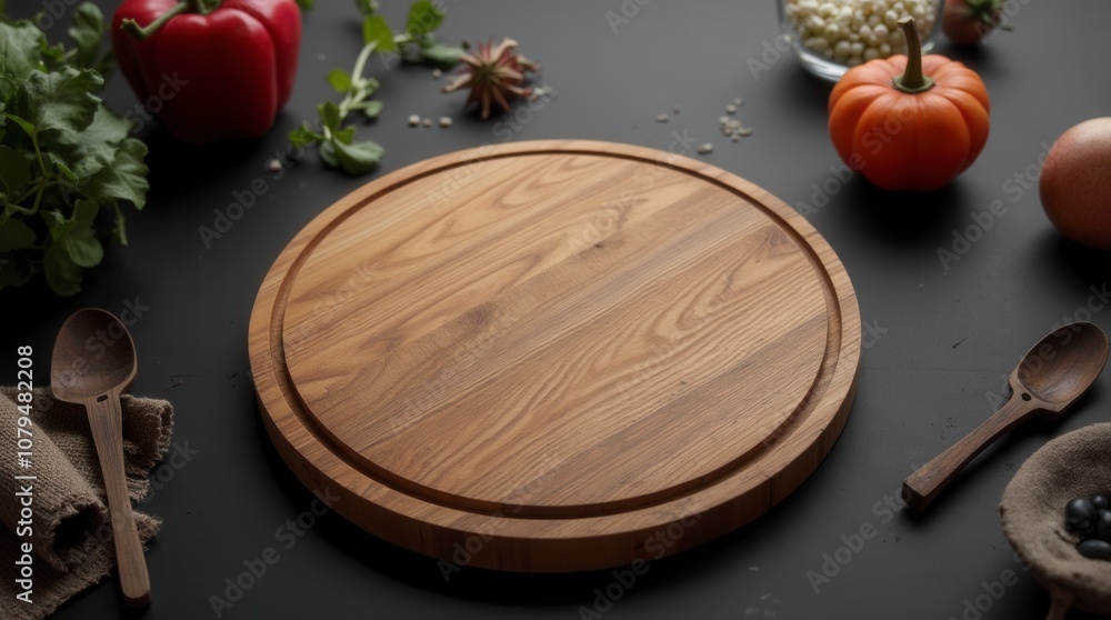 Circular Wooden Tray on Black Table Rustic Cutting Board Top View in Modern Kitchen Circular Wooden Tray on Black Table Rustic Cutting Board Top View in Modern Kitchen