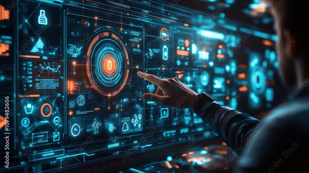 A hand interacts with a futuristic, digital interface. A hand interacts with a futuristic, digital interface.