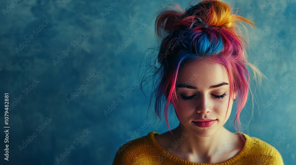 Fototapeta premium Vibrant Hair and Individuality, a woman with colorful hair in a messy bun embodies creativity and self-expression, showcasing a bold and unique personal style.