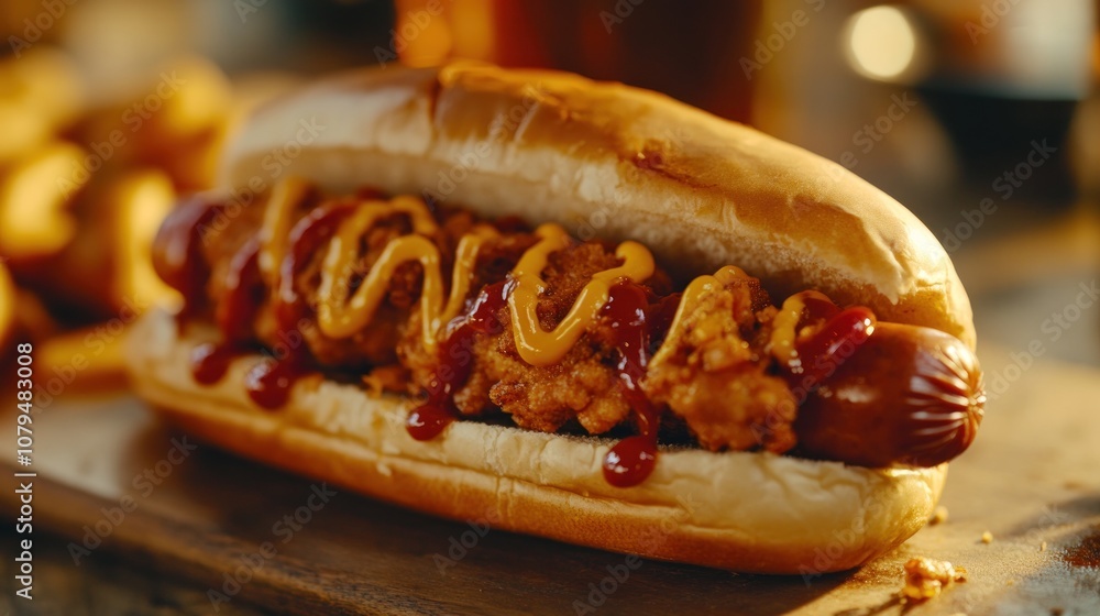 Chicken hot dog on a bun with mustard and ketchup, picnic-style setting, close-up Chicken hot dog on a bun with mustard and ketchup, picnic-style setting, close-up