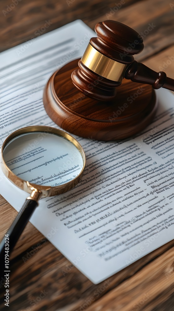 A gavel rests on legal documents alongside a magnifying glass, symbolizing justice and examination.