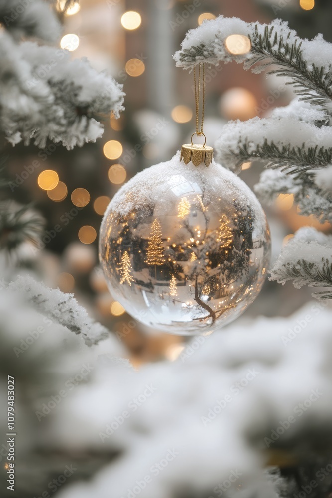 A glass ornament hangs on a Christmas tree, surrounded by twinkling lights, evoking a festive and cozy holiday atmosphere. A glass ornament hangs on a Christmas tree, surrounded by twinkling lights, evoking a festive and cozy holiday atmosphere.