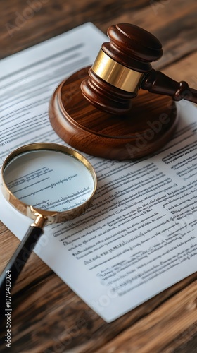 Obraz na płótnie A gavel rests on legal documents alongside a magnifying glass, symbolizing justice and examination. w salonie