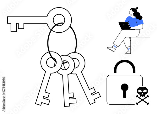 Keys on a keyring, woman using laptop, lock, and skull symbol. Ideal for cybersecurity, data protection, online security, hacking awareness, privacy concerns, IT training, system security. Line