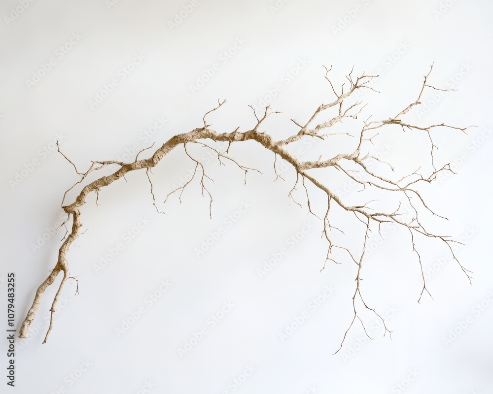 Fototapeta premium Branch with intricate twigs, white isolated background.