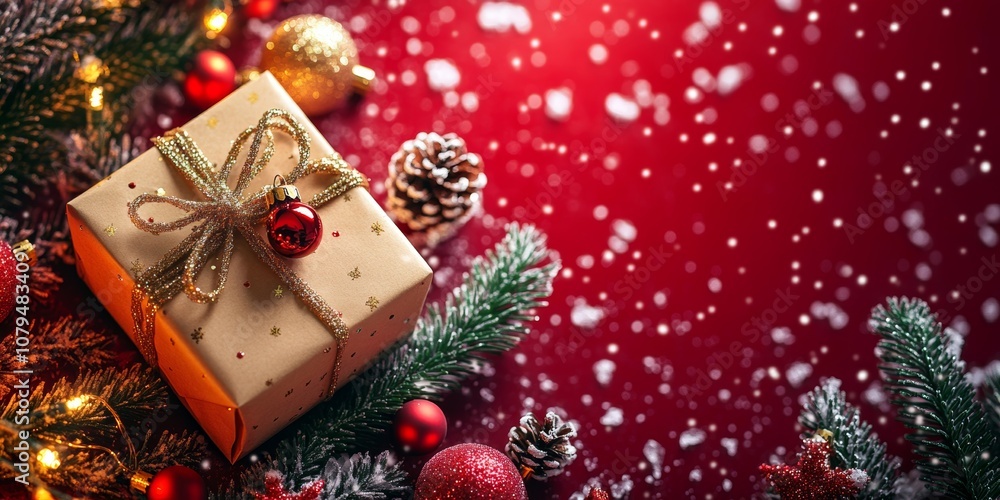 A festive giraffe among Christmas presents on a red background adorned with delicate snowflakes. A festive giraffe among Christmas presents on a red background adorned with delicate snowflakes.