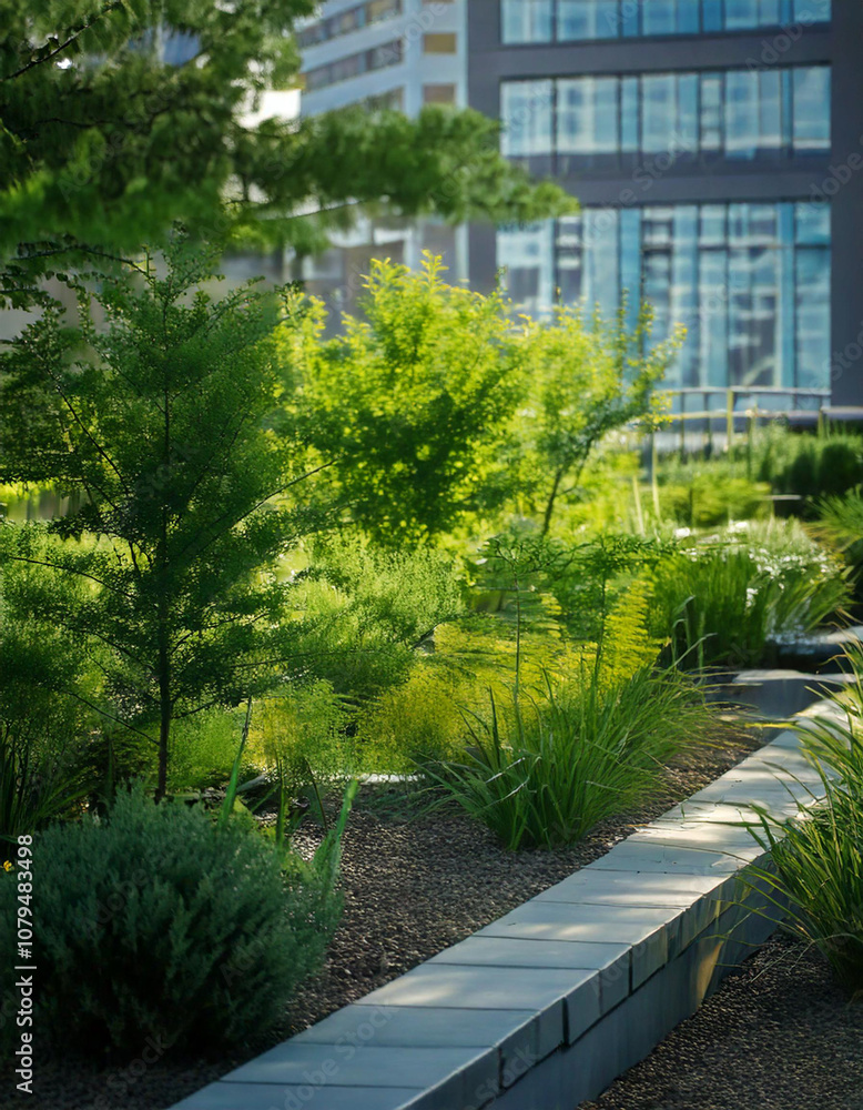 Naklejka premium A lush urban green space flourishes with vibrant wildflowers, showcasing biodiversity amidst the concrete jungle of a bustling city center. 
