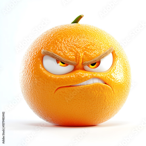 3D illustration of an orange with an angry face on it