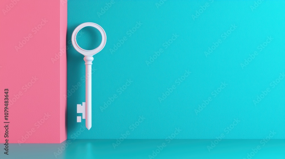 Freedom of Choice Abortion Concept. A minimalist design featuring a white key against a vibrant turquoise and pink background, symbolizing access and potential.