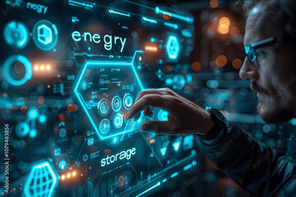 Fototapeta premium Hazardous Material Safety Officer Touching Hexagon Icon for Energy with Dangerous Goods Symbols