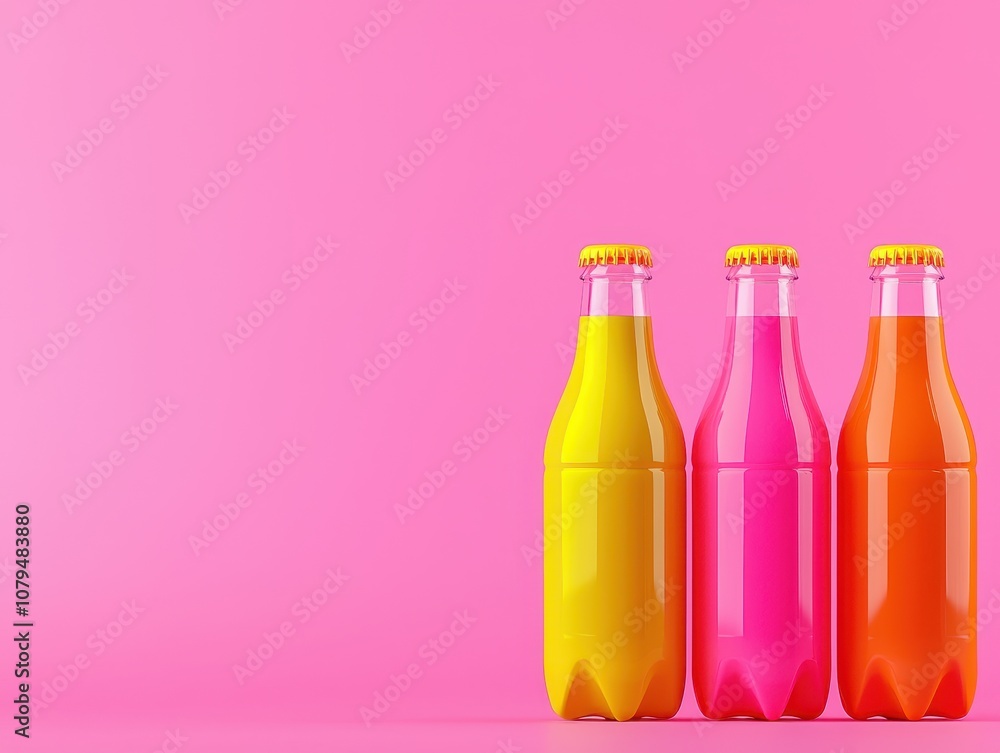 Unhealthy processed and packaged foods concept. Three colorful soda bottles (yellow, pink, and orange) stand against a vibrant pink background, creating a cheerful and playful aesthetic. Unhealthy processed and packaged foods concept. Three colorful soda bottles (yellow, pink, and orange) stand against a vibrant pink background, creating a cheerful and playful aesthetic.