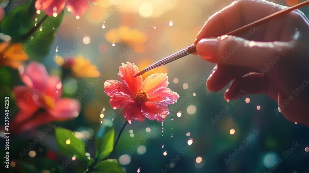 Artist immersed in a vibrant flower garden, capturing the delicate beauty of raindrops glistening on petals while passionately painting the scene around them Artist immersed in a vibrant flower garden, capturing the delicate beauty of raindrops glistening on petals while passionately painting the scene around them