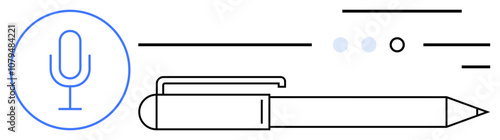 Microphone symbol inside circle, horizontal pencil, lines, dots. Ideal for communication, writing, recording, notes, voice-to-text education podcasts digital content. Line metaphor