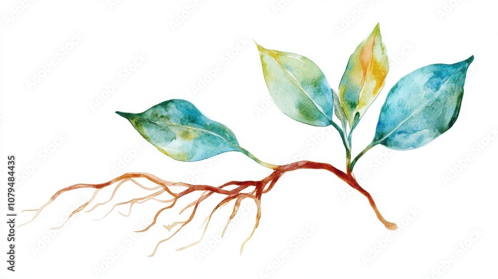 Fototapeta premium Colorful plant illustration with leaves and roots, white isolated background