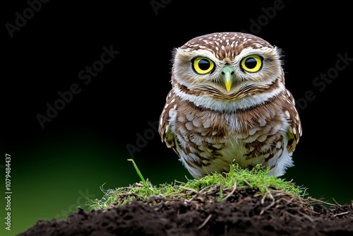 A burrowing owl standing near its nest, with alert eyes and a cautious posture photo