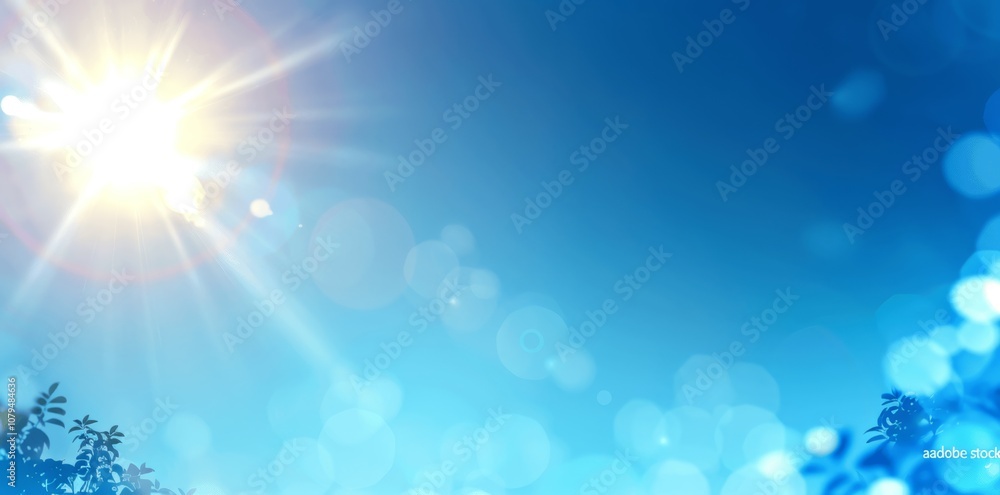 Sunny Blue Sky Background with Lens Flare and Bokeh Effect Sunny Blue Sky Background with Lens Flare and Bokeh Effect