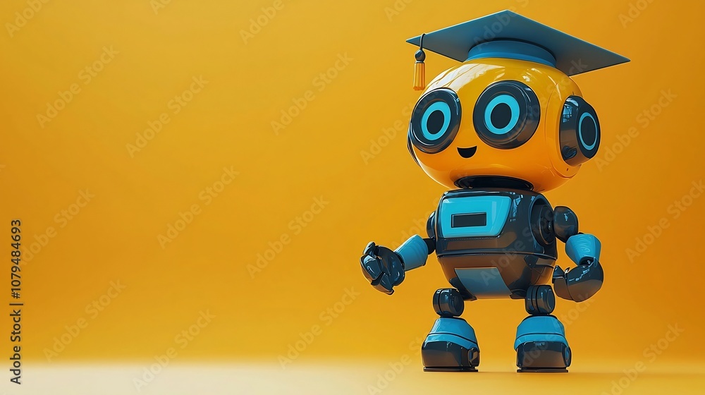 A graduation themed robot stands in a serene minimalist background space symbolizing the fusion of technology education and This conceptual image conveys a sense of academic achievement growth A graduation themed robot stands in a serene minimalist background space symbolizing the fusion of technology education and This conceptual image conveys a sense of academic achievement growth
