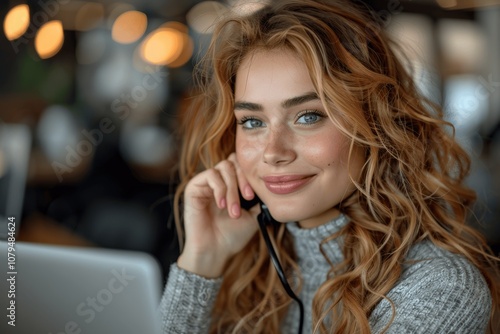 Smiling business woman talking on phone and working on laptop in office