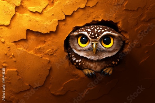 A dark, eerie owl with piercing eyes, set against a moody, foggy background, creating a mysterious atmosphere photo