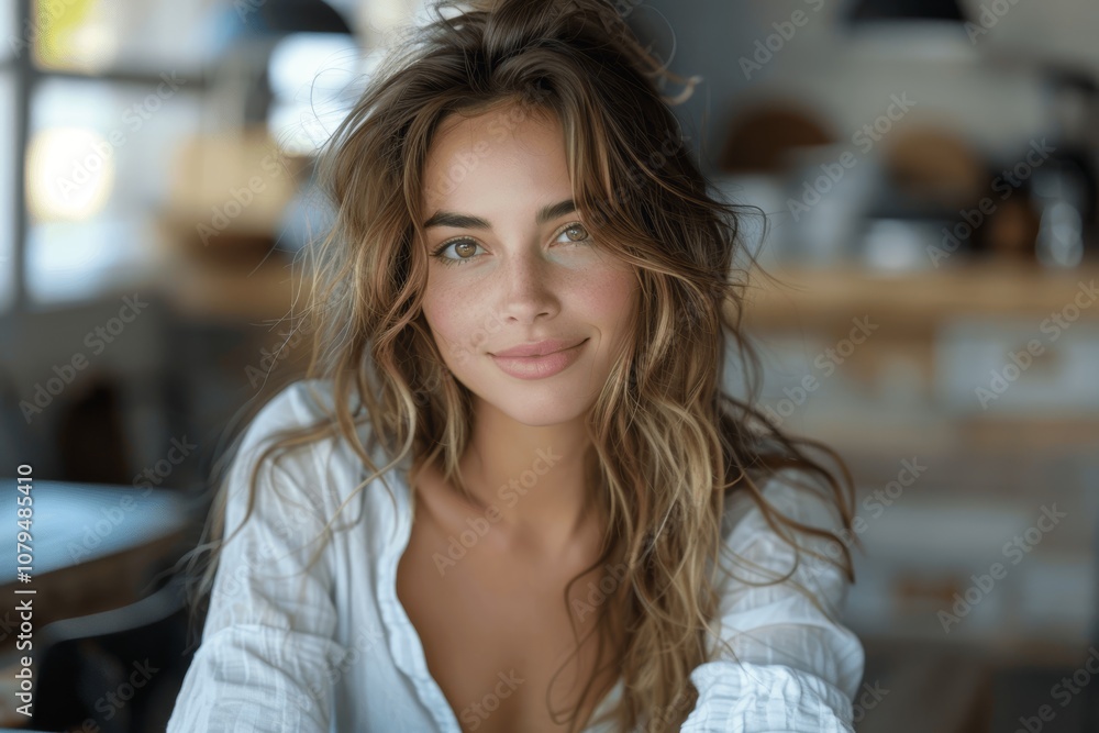 Smiling young woman sitting at table in white shirt looking at camera, successful millennial office employee or student, professional business portrait with natural light Smiling young woman sitting at table in white shirt looking at camera, successful millennial office employee or student, professional business portrait with natural light