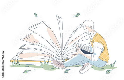 World Book Day. Man sits with big book and reads. Love of reading and literature. International holiday and festival 23 April. Education and training, learning. Linear vector illustration