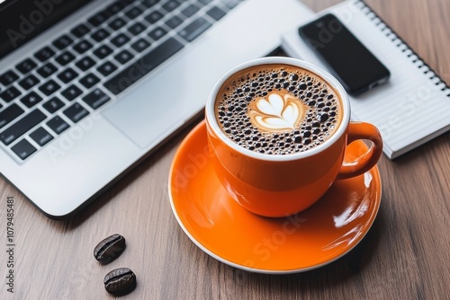 A desk with dual monitors, a notebook, and a coffee cup, symbolizing productivity photo