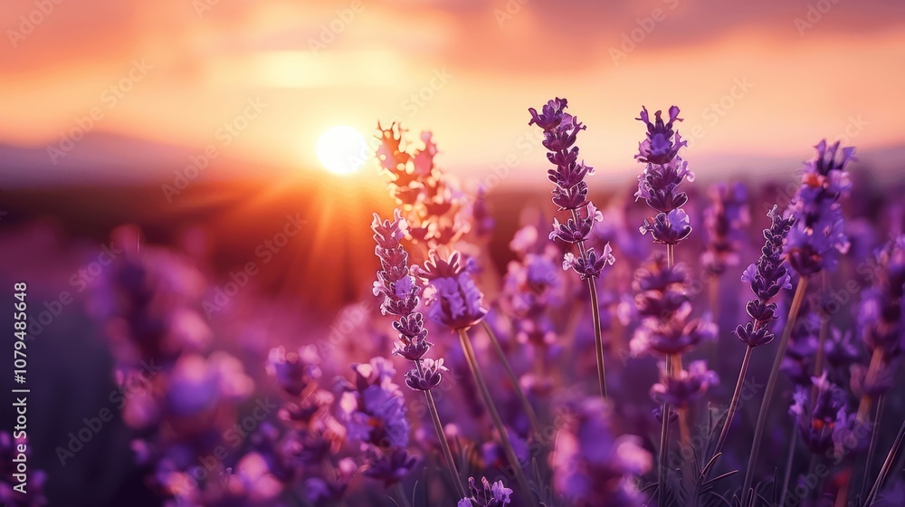 Naklejka premium Lavender Field at Sunset with Beautiful Sun Setting Over Horizon