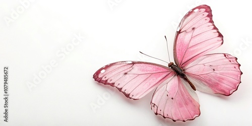 Delicate pink butterfly with transparent wings resting on a pristine white background, flowerpower, insect, wing, butterfly photo