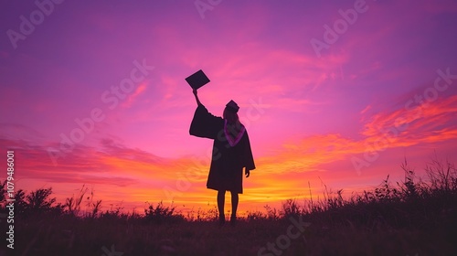 Graduate Holding Cap Against Serene Pastel Lavender and Orange Twilight Sky Background with Open Space for Text Minimal and Soothing Ceremony Concept