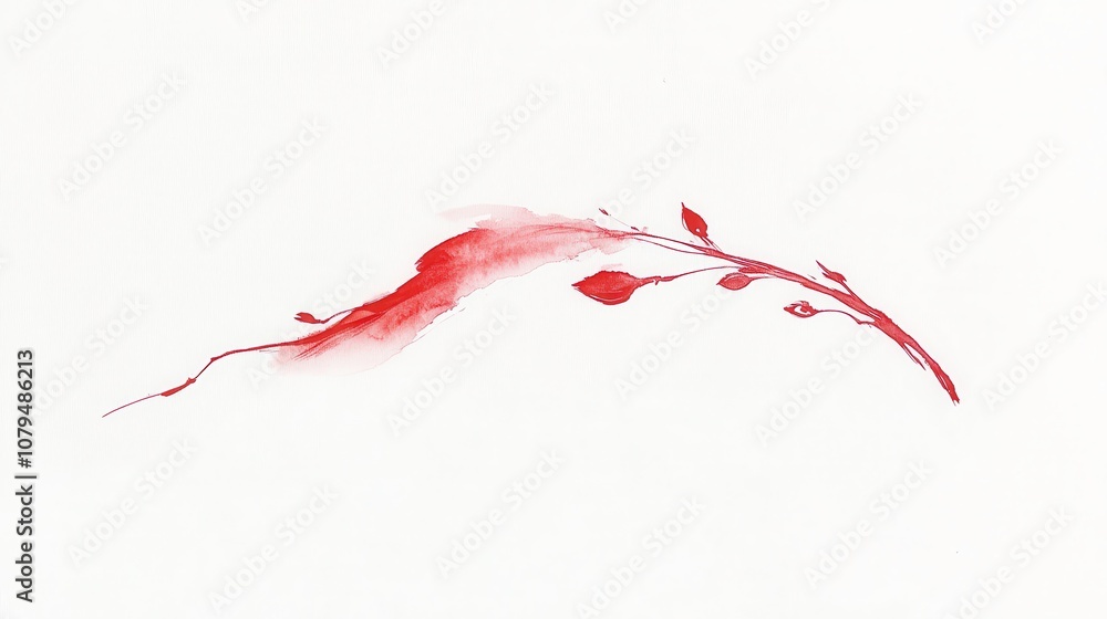 Delicate red watercolor branch with leaves on a white background. Delicate red watercolor branch with leaves on a white background.