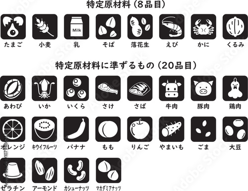 食物アレルギー　28品目アイコンセット　モノクロ