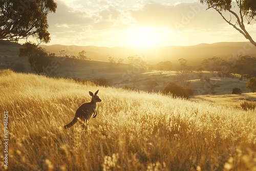 kangaroo in the meadow with sunset photo