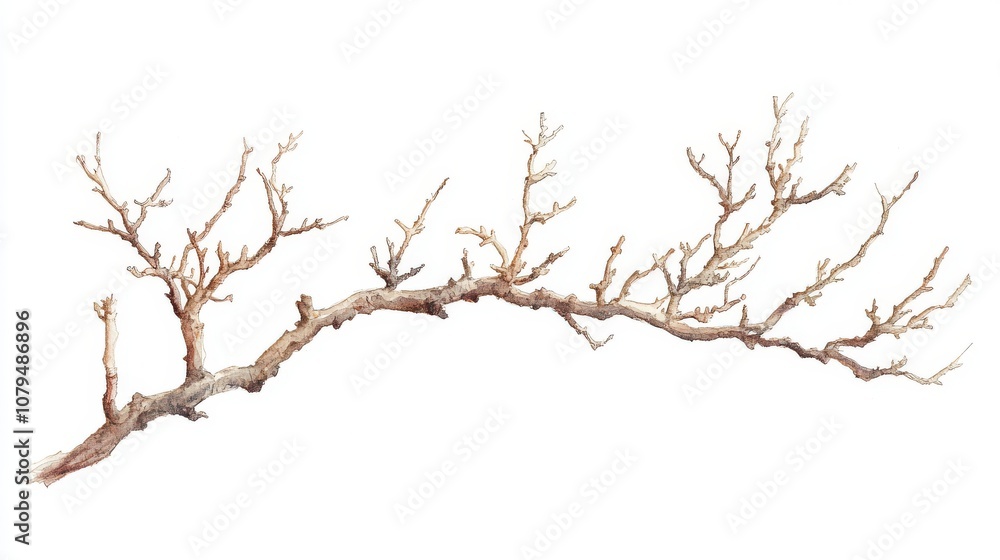 Dry tree branch with intricate patterns, white isolated background. Dry tree branch with intricate patterns, white isolated background.