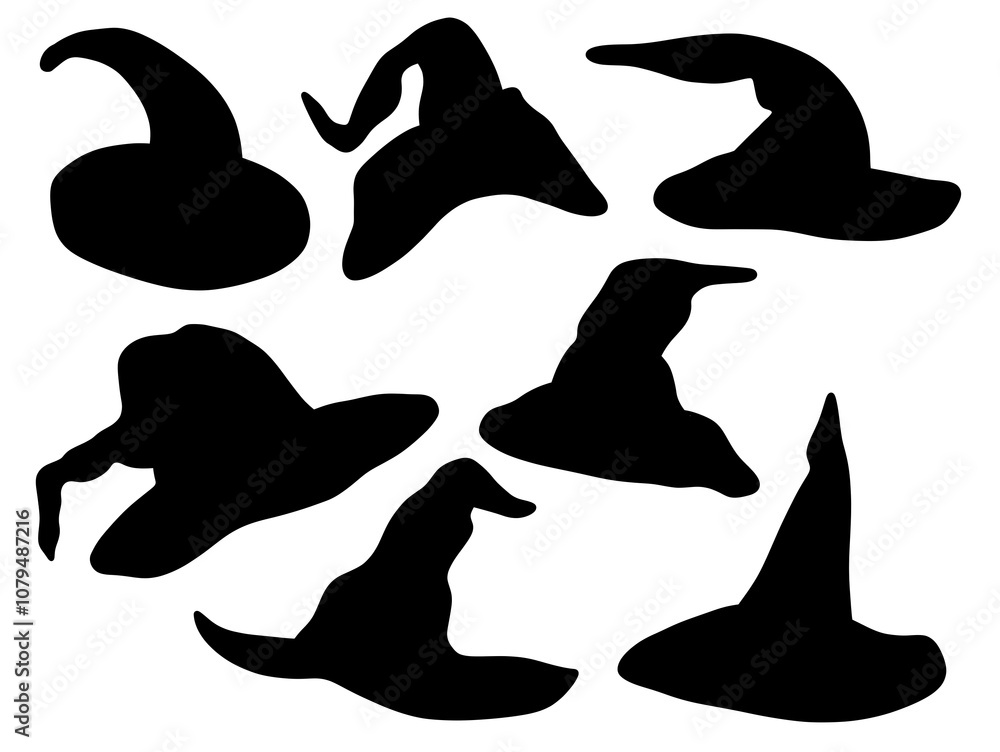 Sorcerer Enchanted Hat. Classic Ancient Halloween Wizard Hat. Wizard Magical Hat Silhouette Illustration. Sorcerer Enchanted Hat. Classic Ancient Halloween Wizard Hat. Wizard Magical Hat Silhouette Illustration.