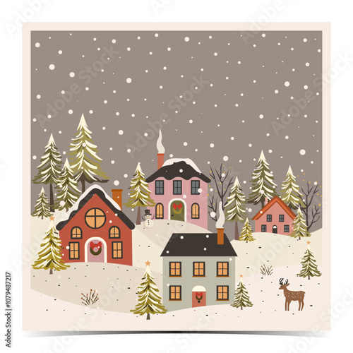 Peaceful day winter Christmas landscape with little houses, snowman and reindeer in the snowy surroundings, greeting card, poster, template, label, vector illustration