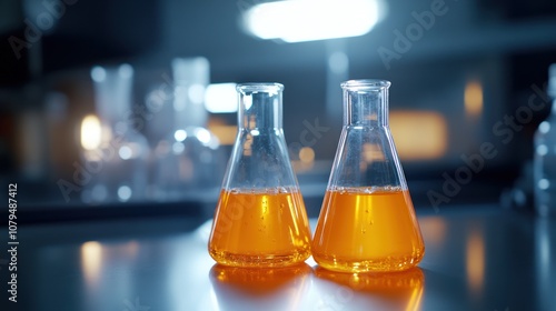 Laboratory beakers with orange liquid