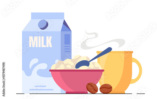 Breakfast time concept. Package of milk near plate with porridge and cup of coffee. Healthy eating for morning. Diary products. Flat vector illustration isolated on white background