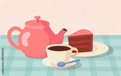 Tasty breakfast time. Cup of tea with slice of cake. Dessert and delicacy. Morning eating and food. Hot drink and candy products. Flat vector illustration isolated on white background