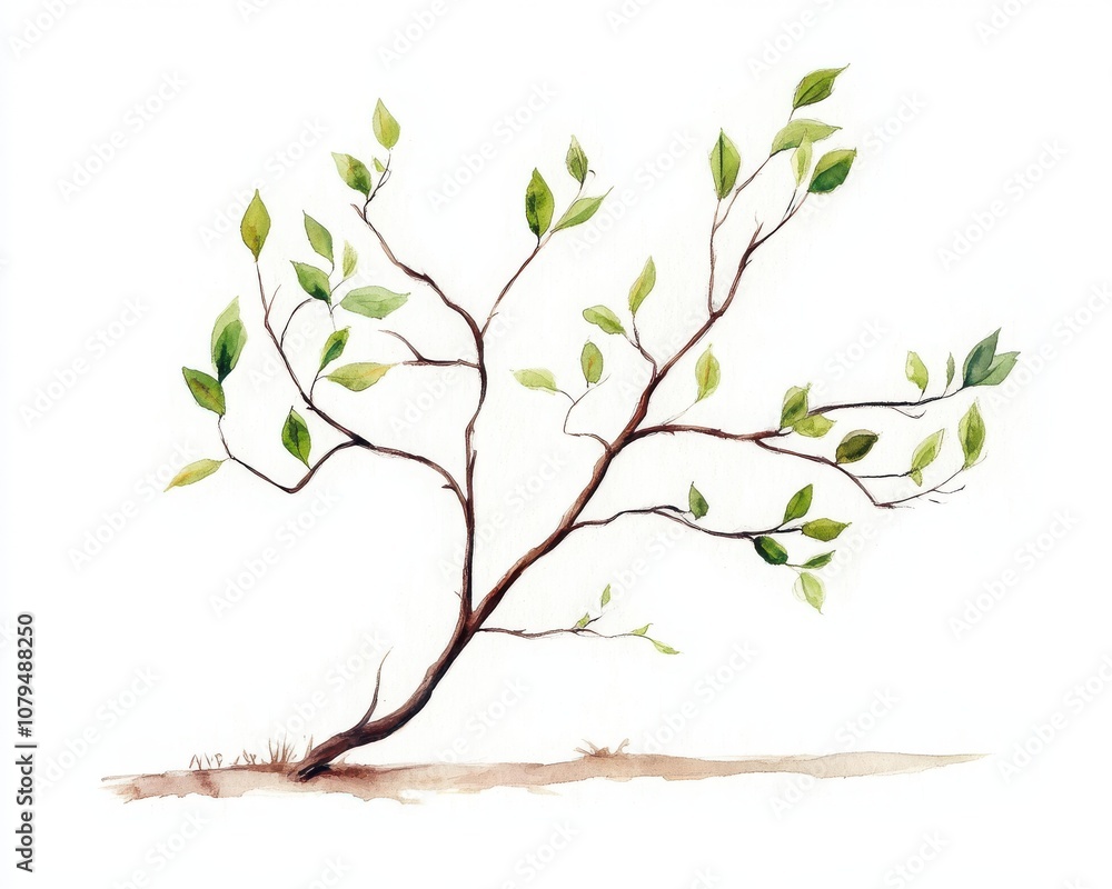Elegant watercolor branch with vibrant green leaves on a white isolated background. Elegant watercolor branch with vibrant green leaves on a white isolated background.