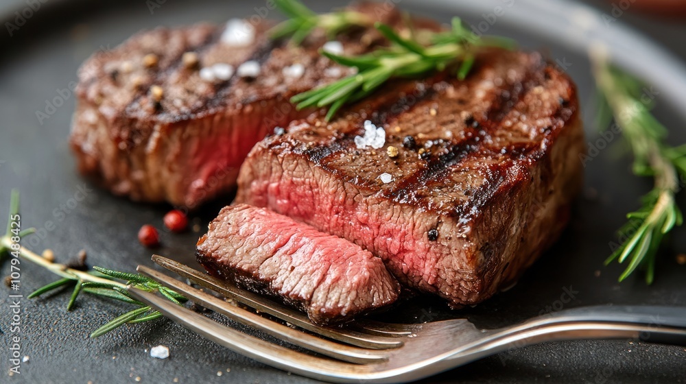 Close-up of two juicy grilled steaks with rosemary and peppercorns on a fork. Close-up of two juicy grilled steaks with rosemary and peppercorns on a fork.