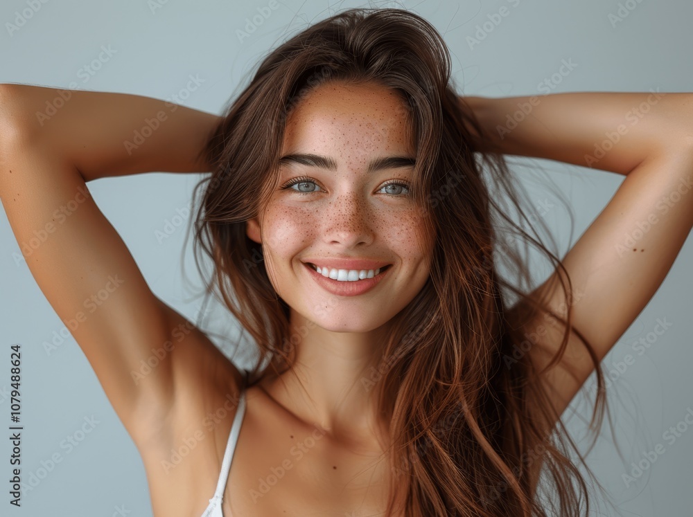 Joyful Japanese Woman with Blowing Hair Smiling in Skincare Ad Joyful Japanese Woman with Blowing Hair Smiling in Skincare Ad