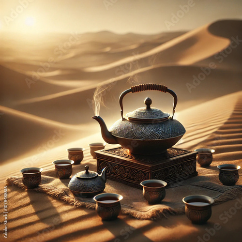 Cozy Morning Tea with Steam in Vintage Glass Mug and Homemade Pastry on Rustic Table by Sunlit Window - Relaxing Autumn Breakfast Scene with Mint Garnish, Teapot, and Warm Lighting