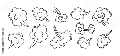 Comic fart smoke , cartoon line cloud, puff dust icon, air poof, speed breath, jump doodle smell outline design. Whoosh wind, gas boom sign isolated on white background. Motion vector illustration
