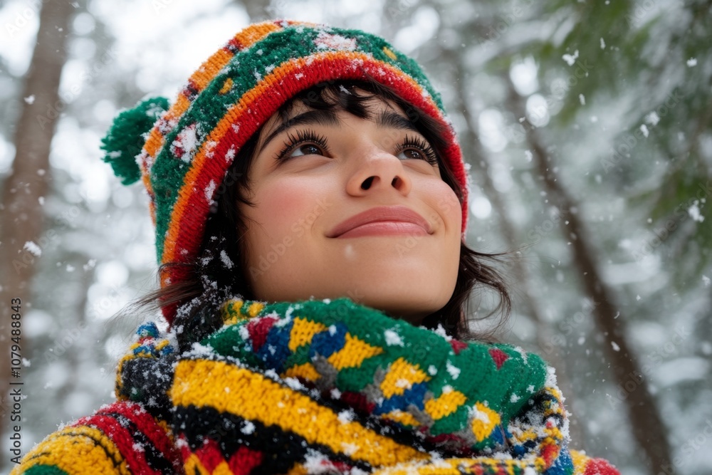 A woman in a cozy oversized sweater, scarf, and beanie, standing in a snowy forest A woman in a cozy oversized sweater, scarf, and beanie, standing in a snowy forest