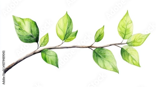 Green leaves on a branch, watercolor illustration, white isolate background.